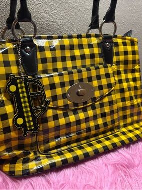 Kristine Y2K Yellow Black Buffalo Plaid Patent Tote Bag Taxi Charm